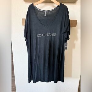 Bebe|Women’s Black Rhinestone Bedazzled bling Logo V-Neck Top,tunic length•NWT